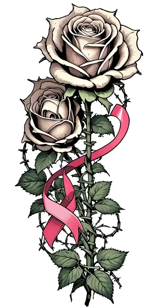 dead roses, barbed wire wrapped, and breast cancer awarness tattoo design idea