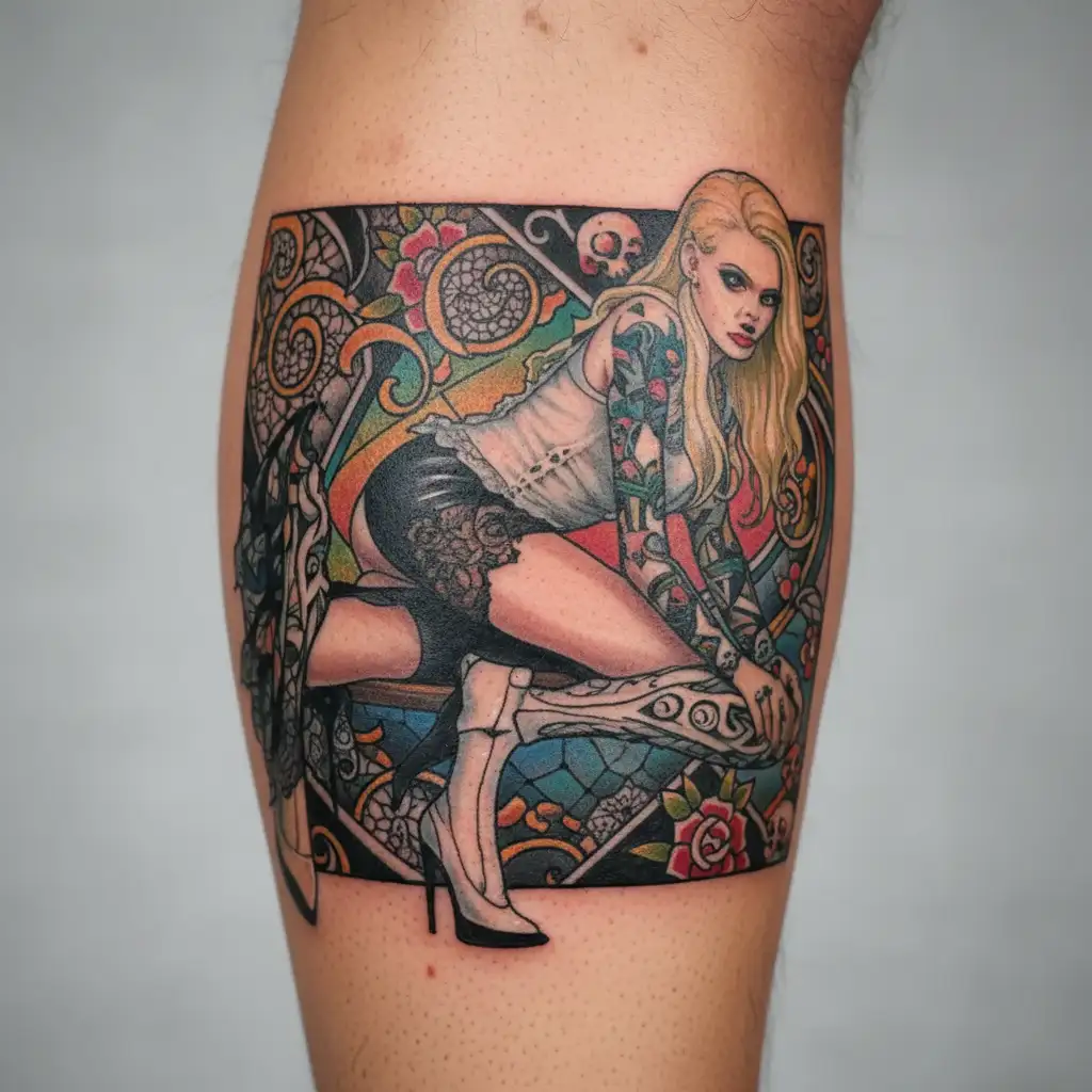 albino girl in minidress with thigh highs and lace gloves tattoo design idea