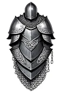 three overlapping armor shoulder sections with celtic knots. behind the armor is chainmail. medieval, gothic tattoo design idea