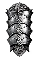 three overlapping armor shoulder sections with celtic knots. behind the armor is chainmail. medieval, gothic tattoo design idea