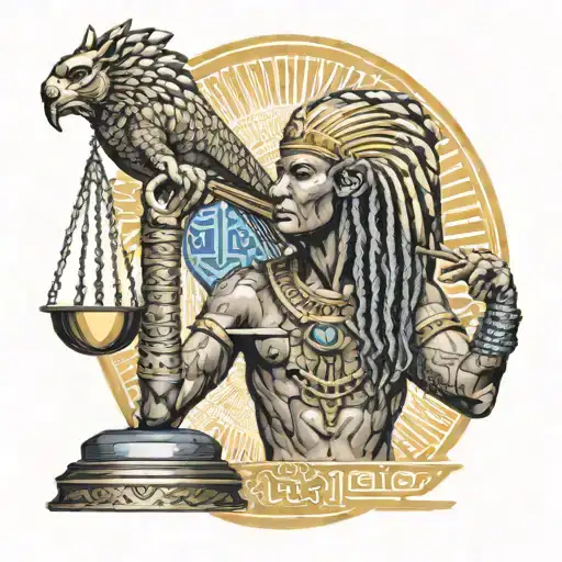 pharaoh with dreadlocks holding scales balancing life tattoo design idea