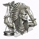 pharaoh with dreadlocks holding scales balancing life tattoo design idea