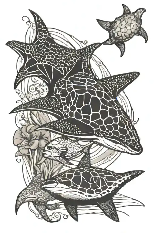 dolphin, eagle ray, sea turtle, sand dollar bill tattoo design idea