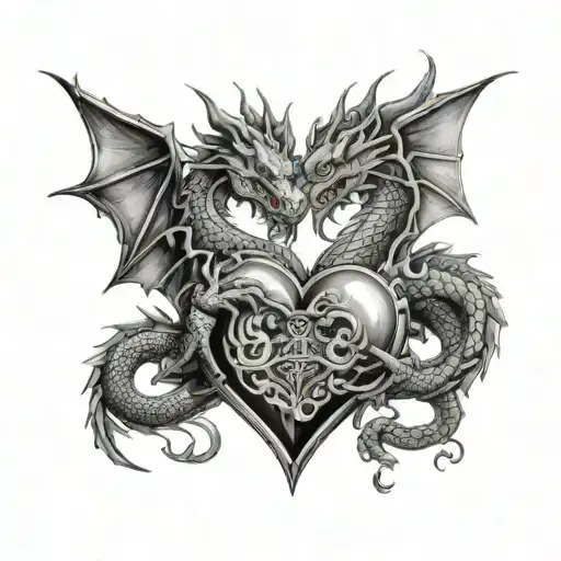 2 dragons and heart shaped locket tattoo design idea