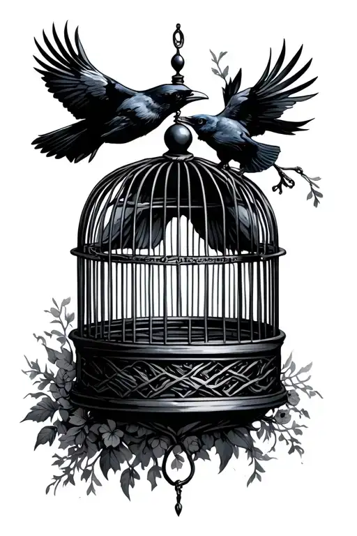 open bird cage with a crow flying tattoo design idea