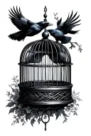 open bird cage with a crow flying tattoo design idea