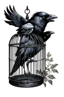open bird cage with a crow flying tattoo design idea