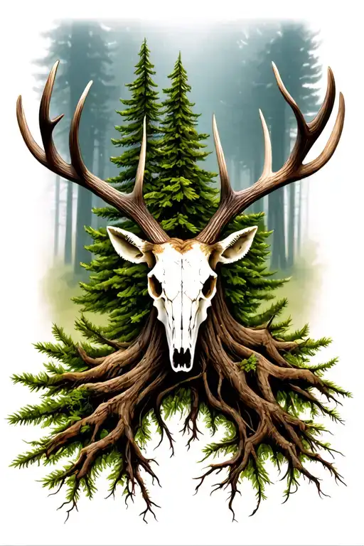 pine tree with roots elk skull with antlers tattoo design idea