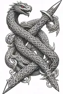 a snake and sword where the snake wraps around the sword but the snake texture is made of a celtic knot not scales tattoo design idea
