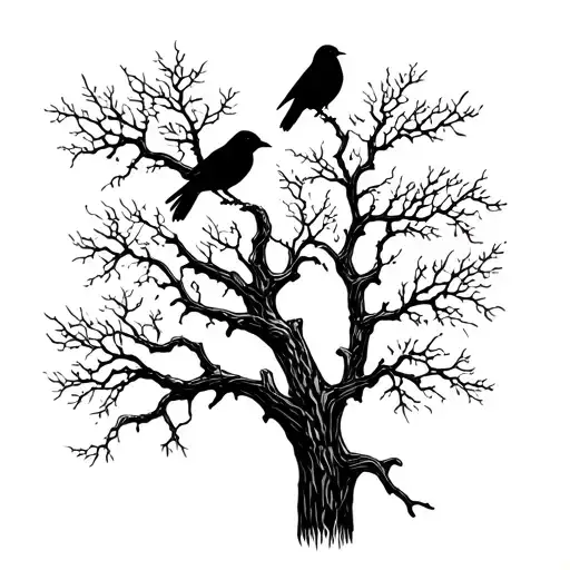 black and white, willow trees, with crows tattoo design idea