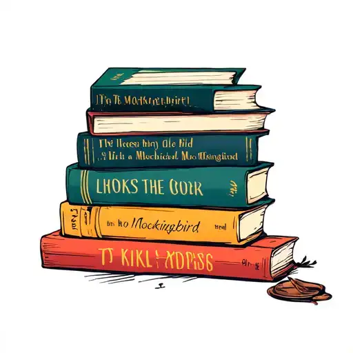 A stack of 4  books  inspired by 'To Kill a Mockingbird' the works hey boo, delete the adjectives tattoo design idea