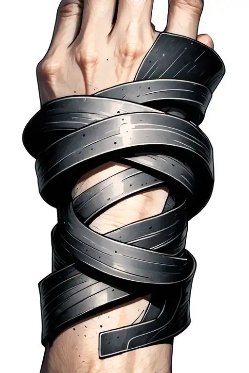 Black ink tattoo bracelet wrapping around the right wrist, symmetrical design, brutalist modern lines, medium thickness tattoo design idea