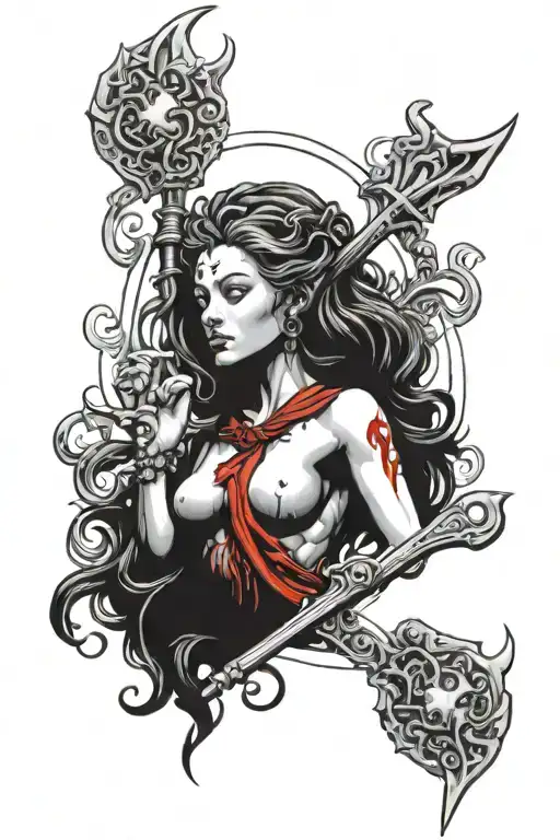 female neptune crying red blood looking forward with trident tattoo design idea