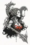 female neptune crying red blood looking forward with trident tattoo design idea
