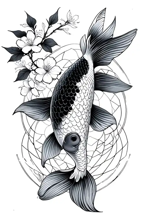 Koi and cherry blossom with belief and geometric pattern tattoo design idea