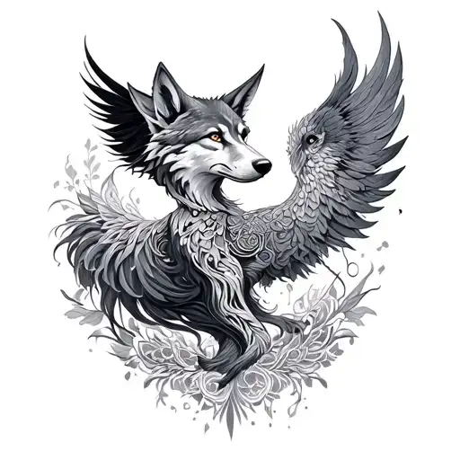 wolf and Phoenix for women dotwork tattoo design idea