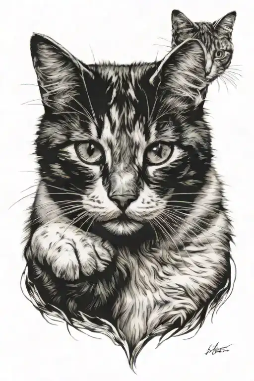 Calico and white  Cat playing tattoo design idea