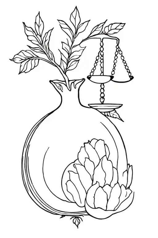 persephone, pomegranate, temperance, courage, justice and wisdom  tattoo design idea