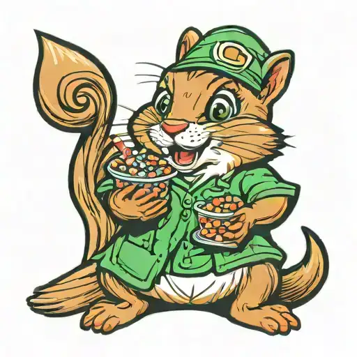 cartoon thick female chipmunk in nursing scrubs with green eyes, holding candy, and smiling tattoo design idea