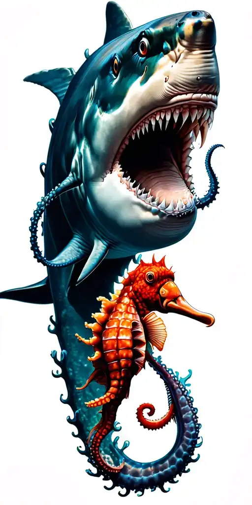 hammerhead shark, red octopus, seahorse, gariboldi, parrotfish, and coral reef tattoo design idea