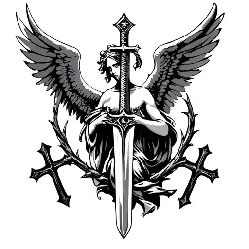 Angel with sword with thorns around it with crosses  tattoo design idea