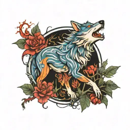 Fantasy tattoo of a wolf and dragon in a mystical forest setting tattoo design idea