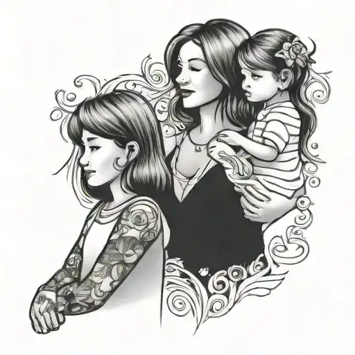 short hair mom and long hair daughter holding hands tattoo design idea