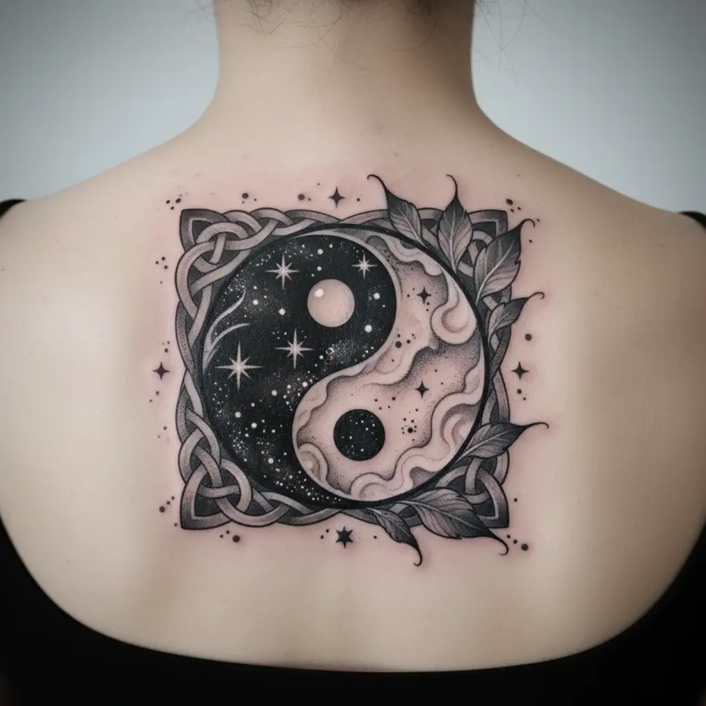 cosmic yin-yang, black hole and supernova, Celtic accents, minimal, feminine  tattoo design idea