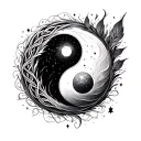 cosmic yin-yang, black hole and supernova, Celtic accents, minimal, feminine  tattoo design idea