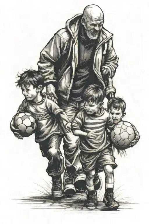 football fan walking with 2 children tattoo design idea