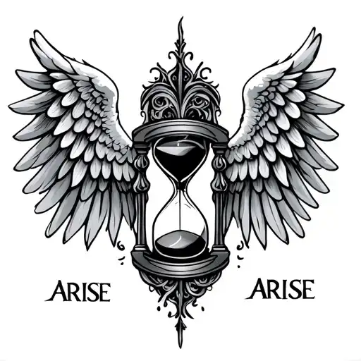 Angel wings with hourglass in between. A text "ARISE" should be written along with it  tattoo design idea