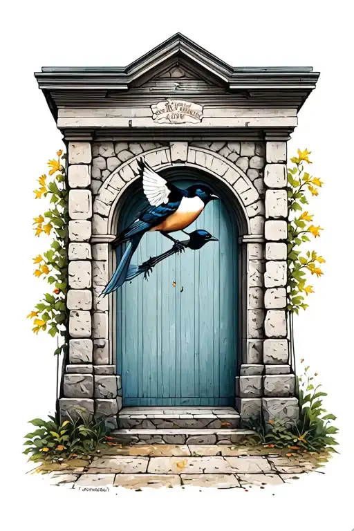 Memorial Tattoo a on man’s forearm with a lifelike magpie flying in front of a small stone built door incorporating a he tattoo design idea