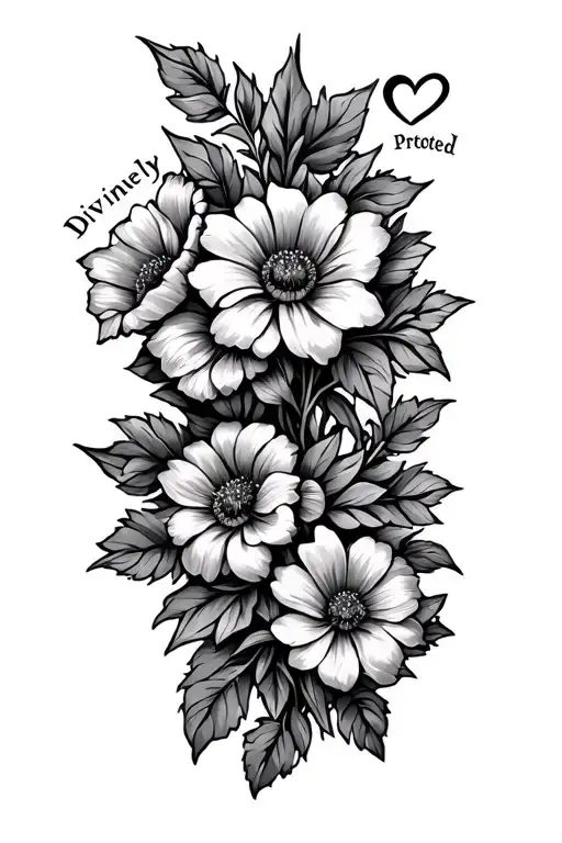 "Divinely protected" flowers and hearts tattoo design idea