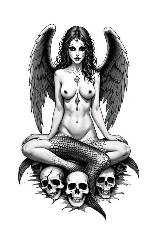 evil mermaid topless with nipple piercings as a hidden angel of death siting on a bed of skulls tattoo design idea