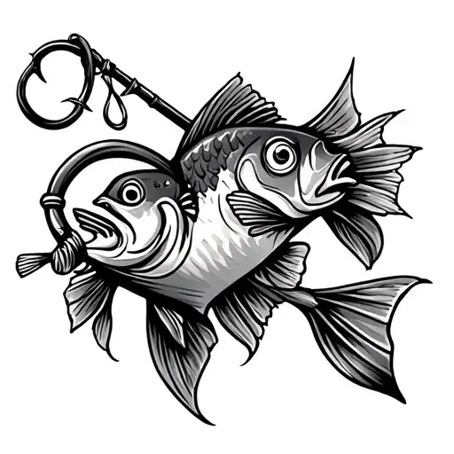fishing pole and fish hook heart tattoo design idea