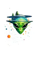 green alien face with ufo and shining orange lights hovering with tree and and solar system in background tattoo design idea