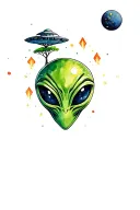 green alien face with ufo and shining orange lights hovering with tree and and solar system in background tattoo design idea