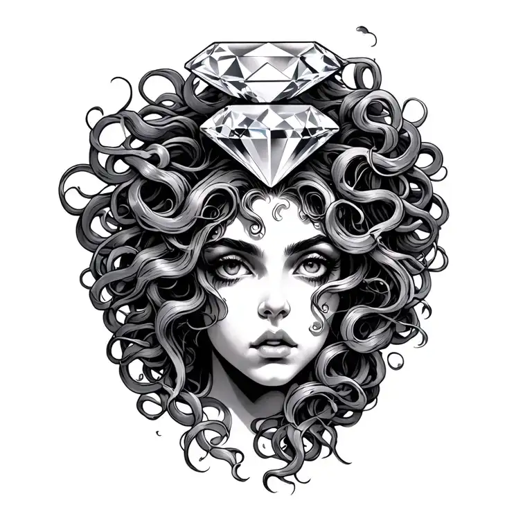 Beautiful medusa behind a large princess cut diamond tattoo design idea