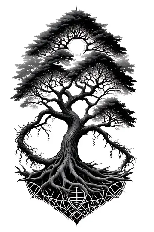 Tree of life where the roots form a dna strands. Use geometrical patterns if possiblr.  tattoo design idea