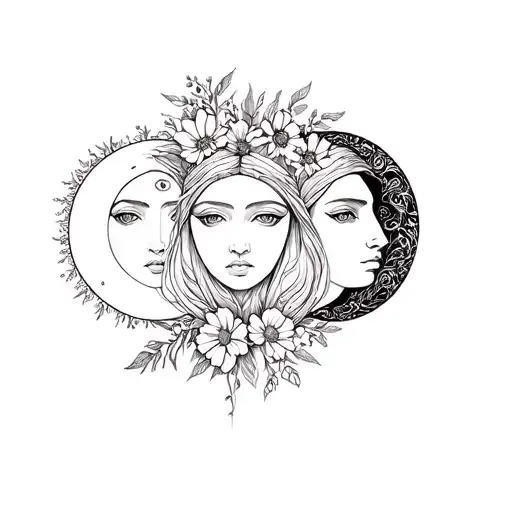 triple face goddess moon phases with wild flowers weaving through  tattoo design idea