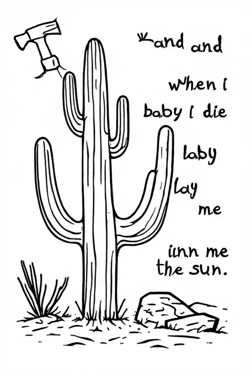 a saguaro cactus, a rock hammer, and the words "and when i die baby lay me in the sun" tattoo design idea