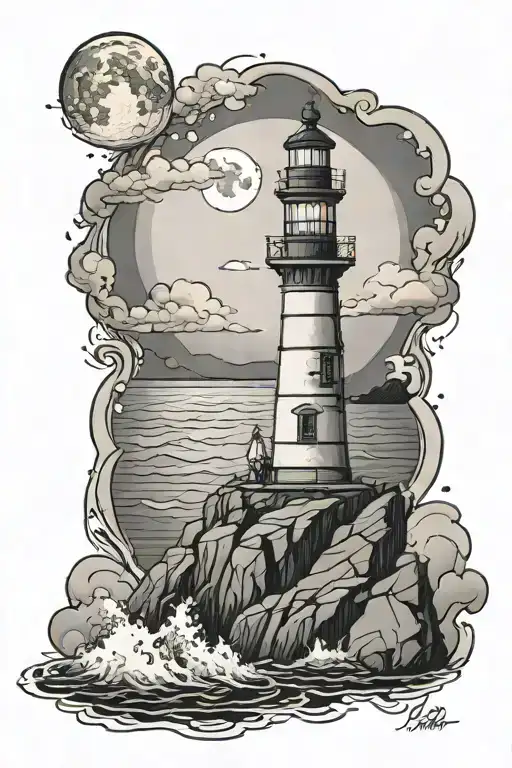 lighthouse on a rock in the water, cloudy night with full moon white, grey and black tattoo design idea