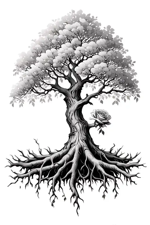 Willow tree with exaggerated roots leading into a rose tattoo design idea