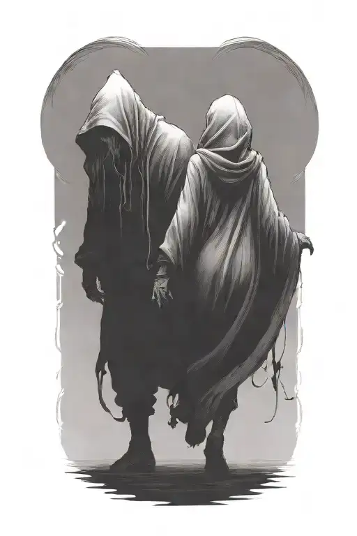 a woman and a huge hooded demon beast walking away together tattoo design idea