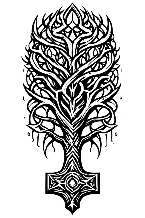 helm of awe tree of life intertwined mjölnir thor's hammer tattoo design idea