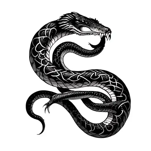 An intricate image of a black serpent coiled around his arms and his torso, its tail resting just above his right hand, its head just above his left. The serpent almost seemed to move under his skin, two curved fangs threatening to break its surface. It was striking, beautiful, and disturbing. tattoo design idea