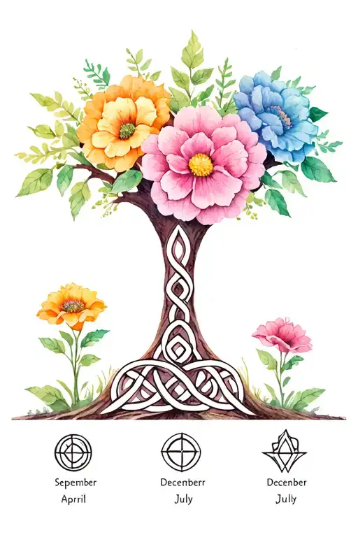 Tree with September, December,  April and July flowers growing at the base with Celtic trinity knot and viking symbols a tattoo design idea