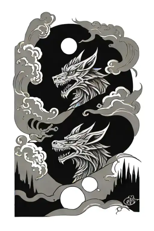 dragon and wolf howling at the moon tattoo design idea