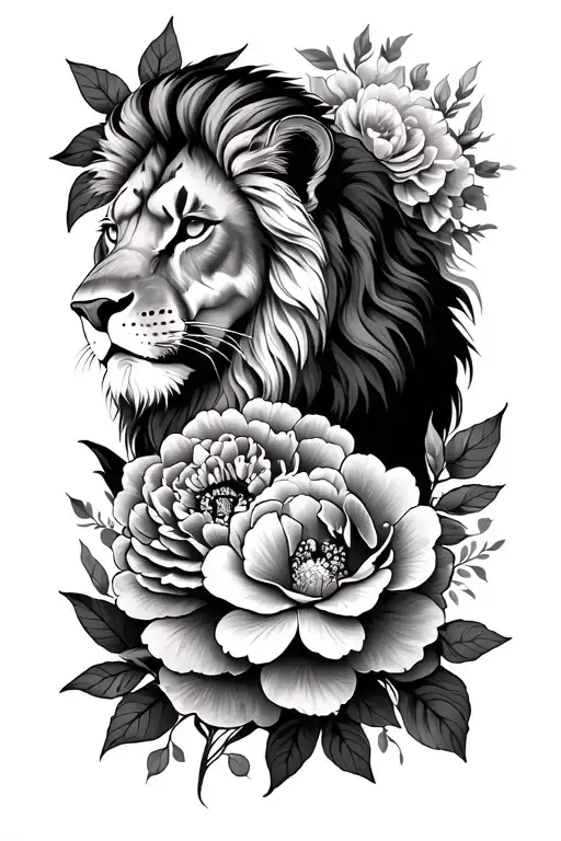 Lion & lioness king & queen floral peonies tattoo design idea