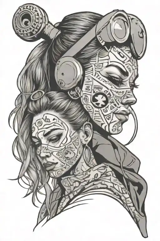 head profiles. 1 girl has a ski mask praying, 1 holdin a gun to her mouth, and has stacks of money  tattoo design idea